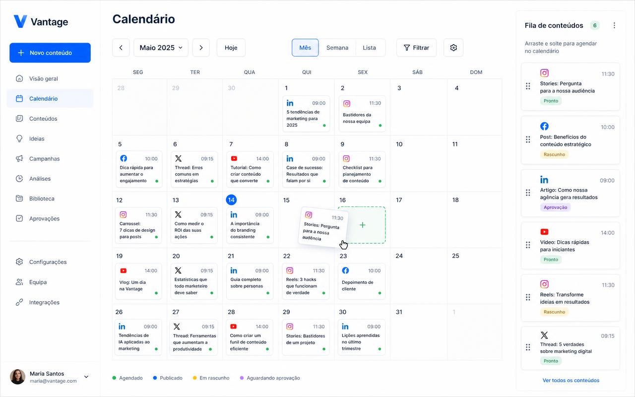 Tela do Vantage: Fila e calendário